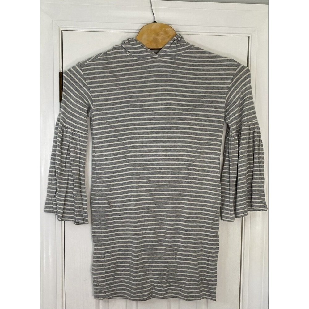 Lou & Grey Women’s Hooded Bell Sleeve Dress Grey White Stripes Small